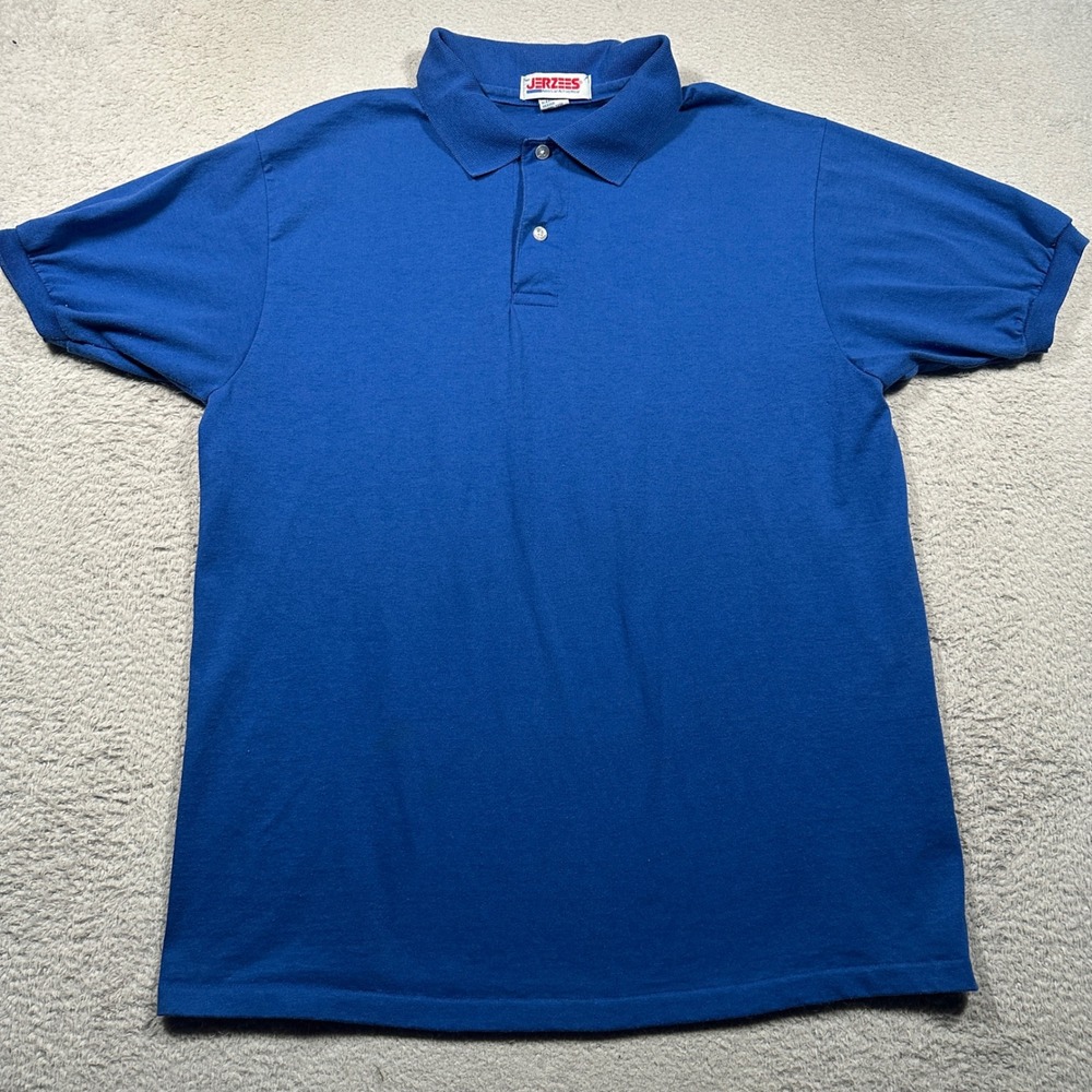 Vintage Jerzees Polo Shirt Mens L Blue Short Sleeve Made in USA Single Stitch